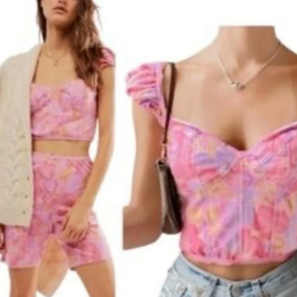 Free People Get Physical Set Pink Bustier Crop Top Biker Shorts Set Size Medium